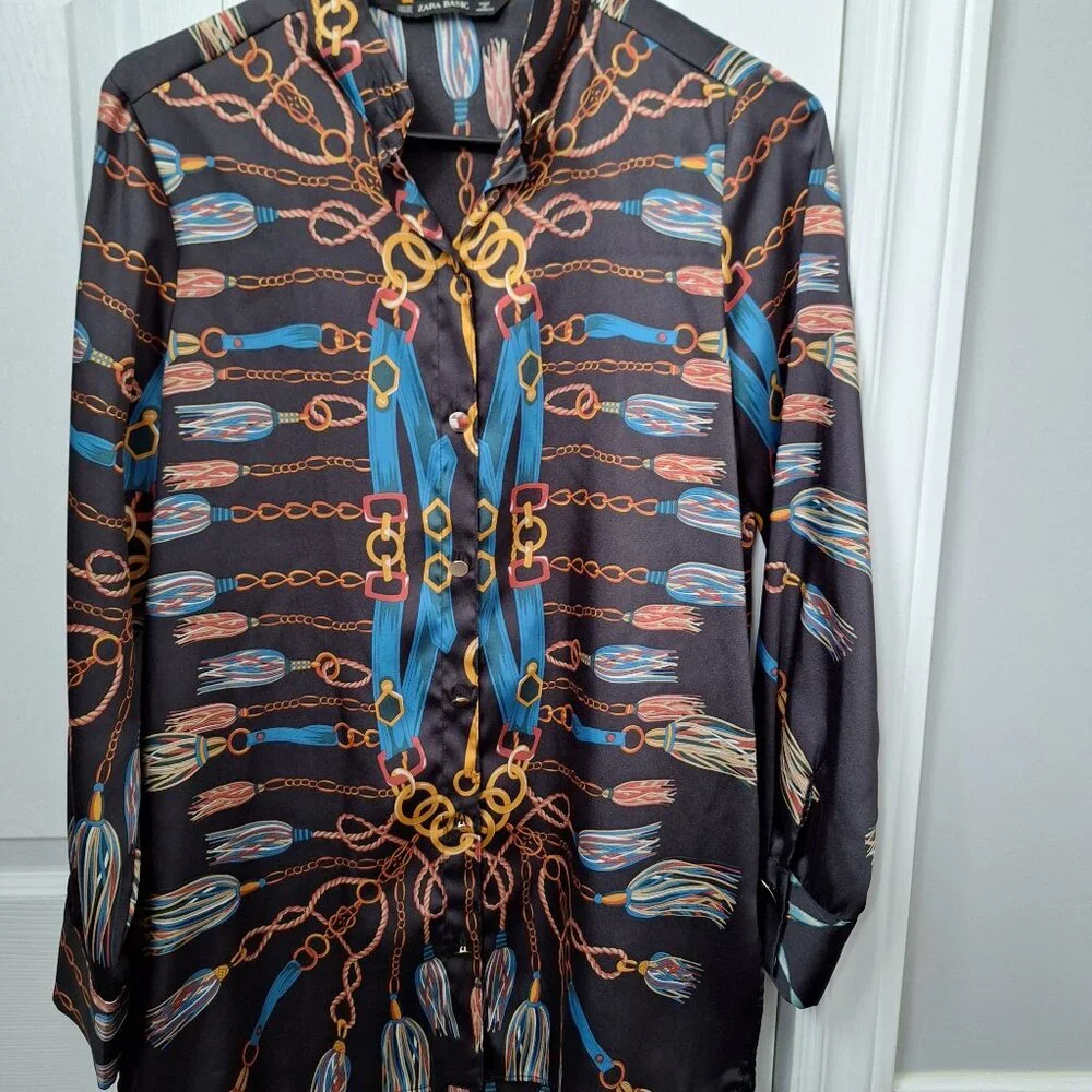 Zara Black Long Sleeve Chain Print Blouse - Picture 2 of 10